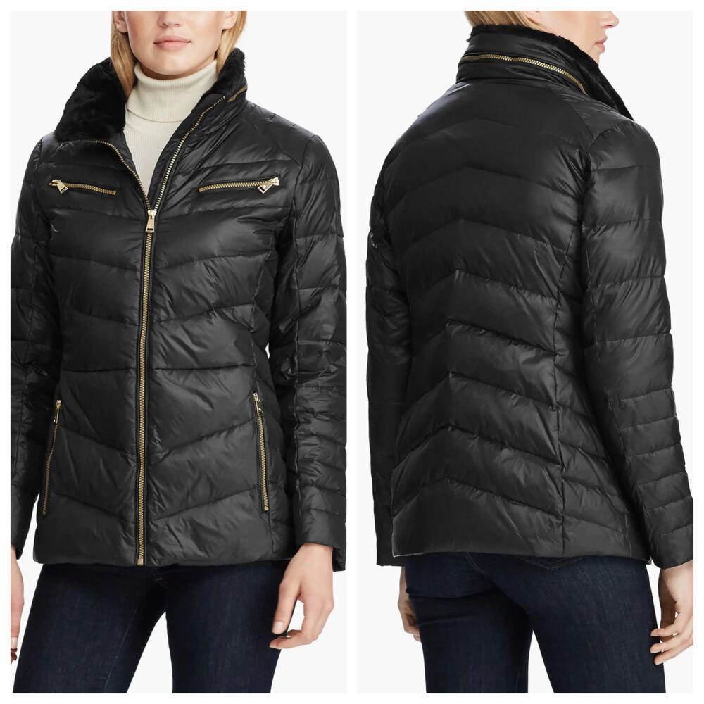Lauren Ralph Lauren Faux‎ Fur Trim Quilted Puffer Black Jacket Size Small